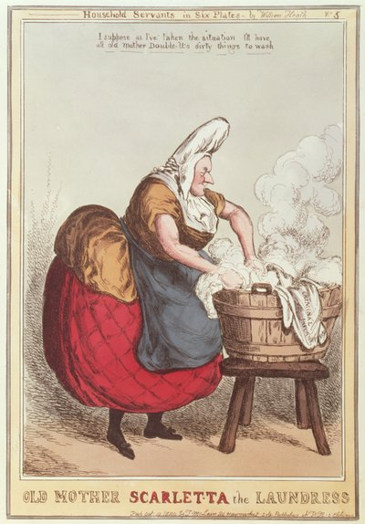 Oude Moeder Scarletta de Wasvrouw, nr.5 uit de serie Huishoudelijke Dienaren, gepubliceerd in 1829 door William Heath